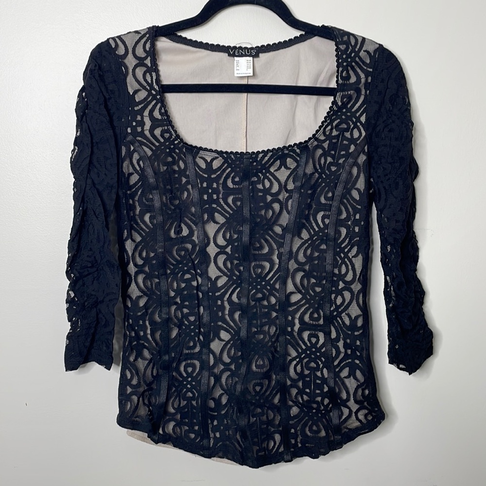 Black womens blouse, Sheer black design , quarter sleeve
